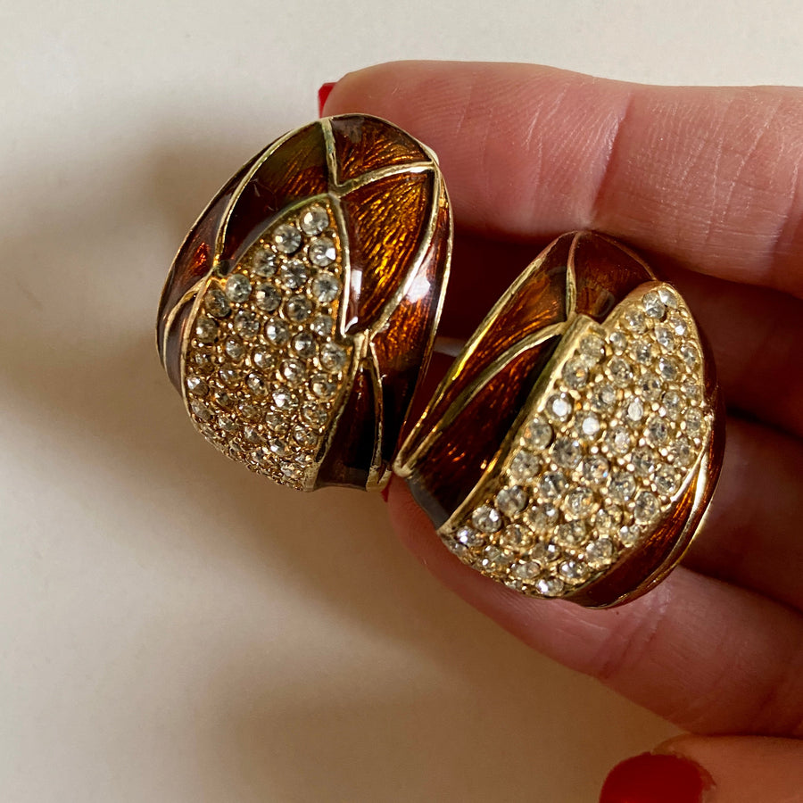70s CINER Brown Enamel & Rhinestone Pave Gold Hoop Earrings