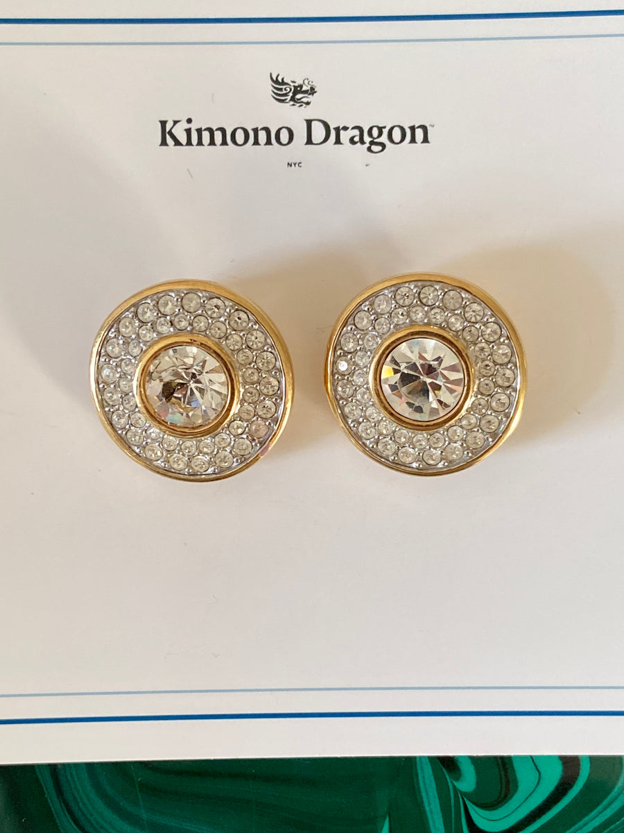 Reserved 90s Designer Swarovski Diamond Rhinestone Round Clip On Earrings