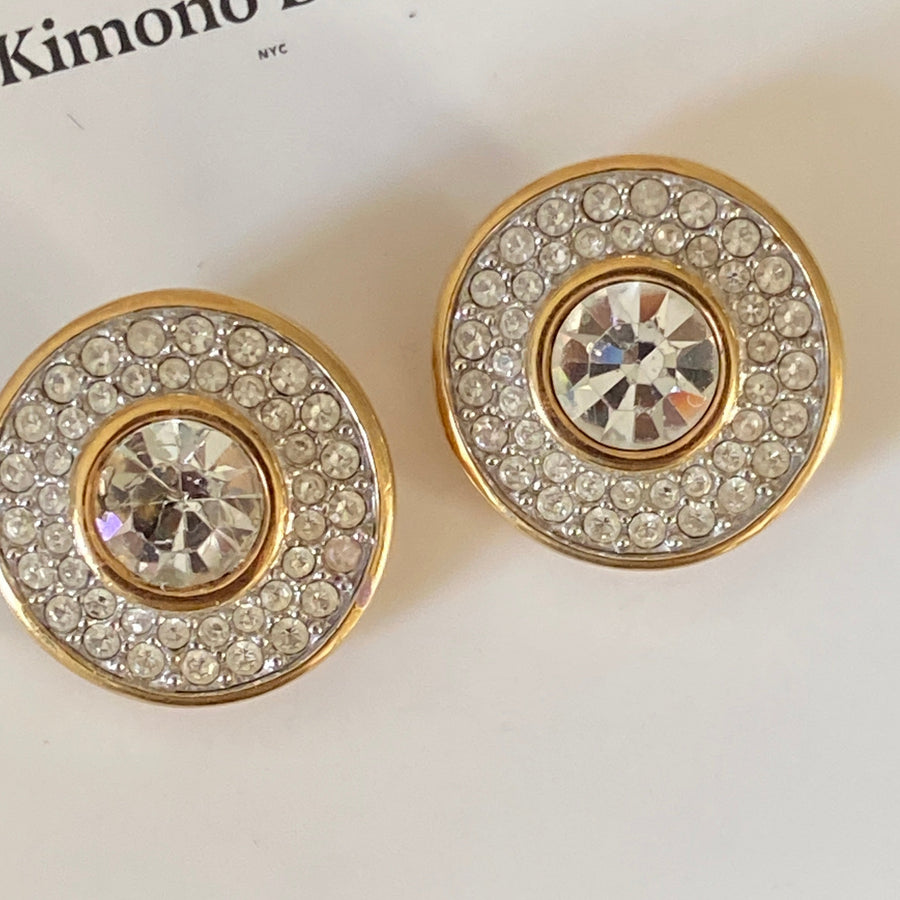 90s Designer Swarovski Diamond Rhinestone Round Clip On Earrings