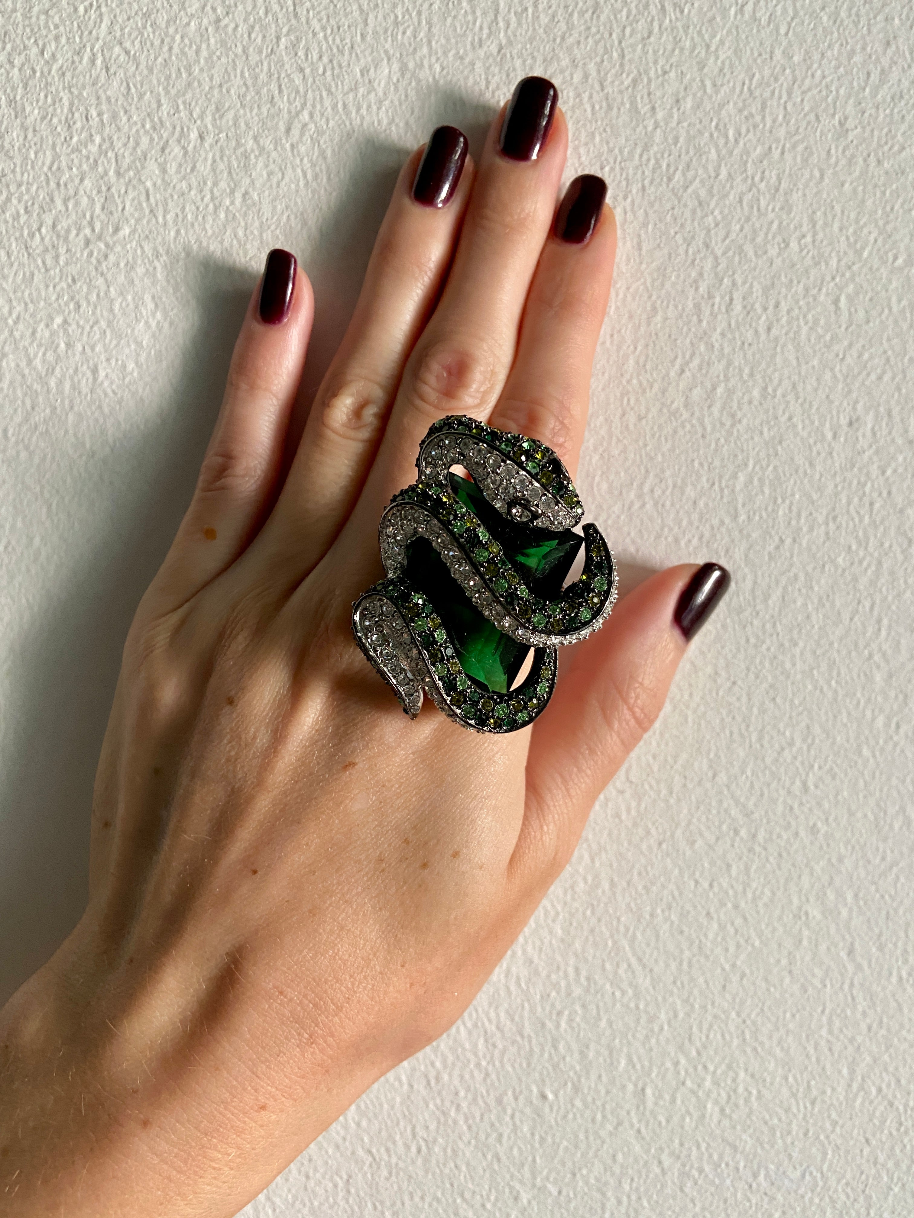 Vintage Kenneth Jay Lane Massive Green Jewel Snake Ring