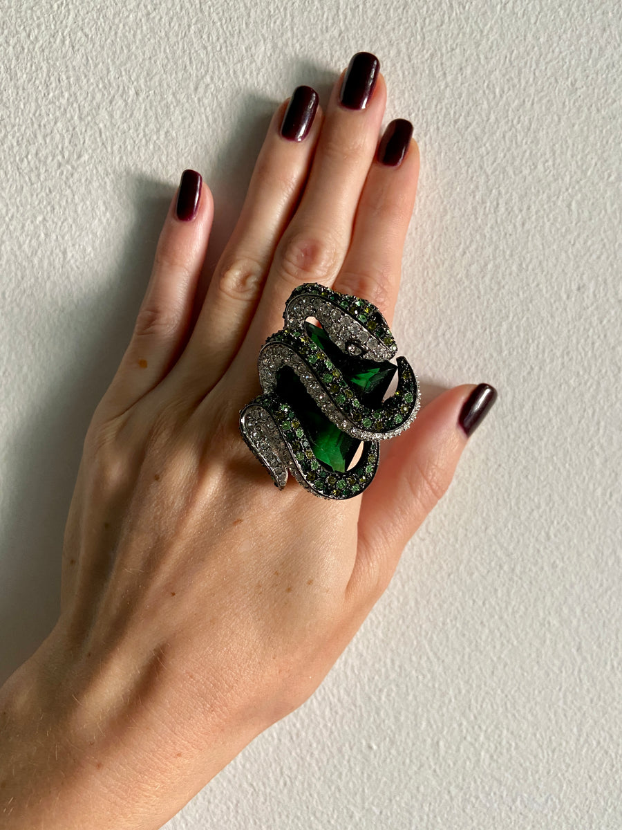 Vintage Kenneth Jay Lane Massive Green Jewel Snake Ring