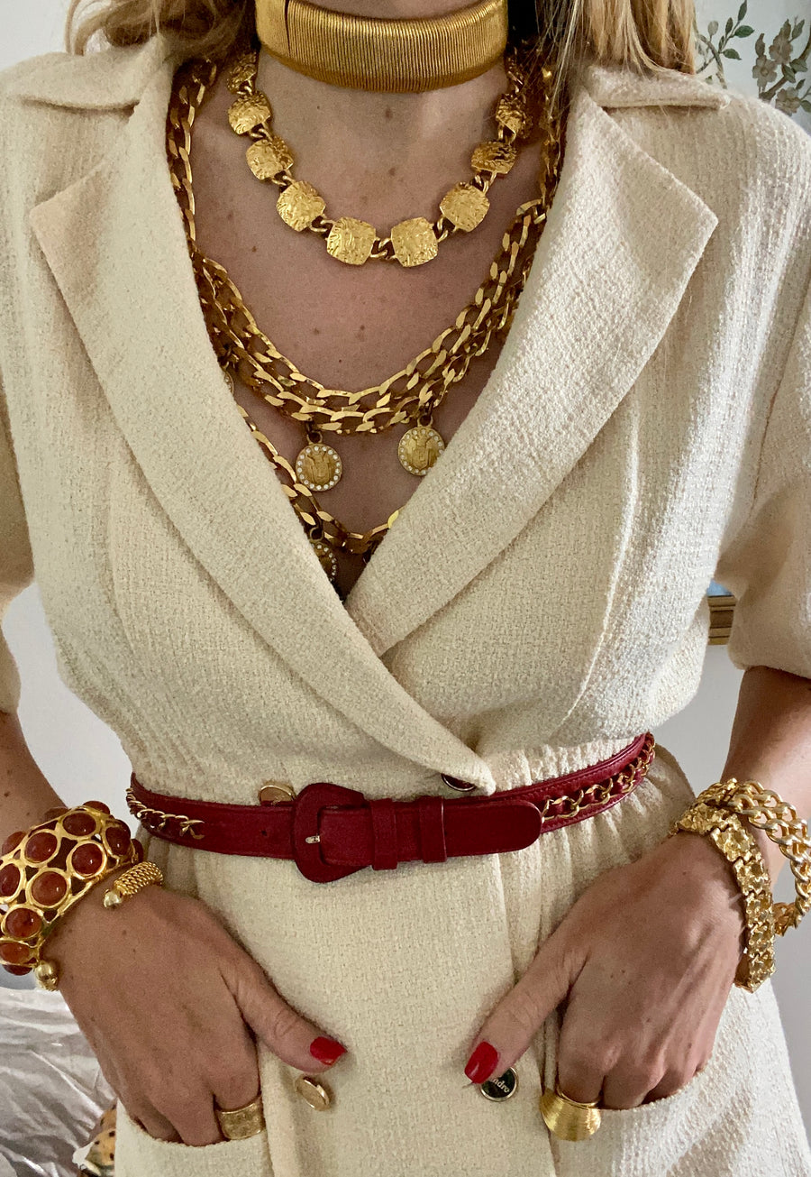 90s Chanel CC Logo Red Leather Chain Belt