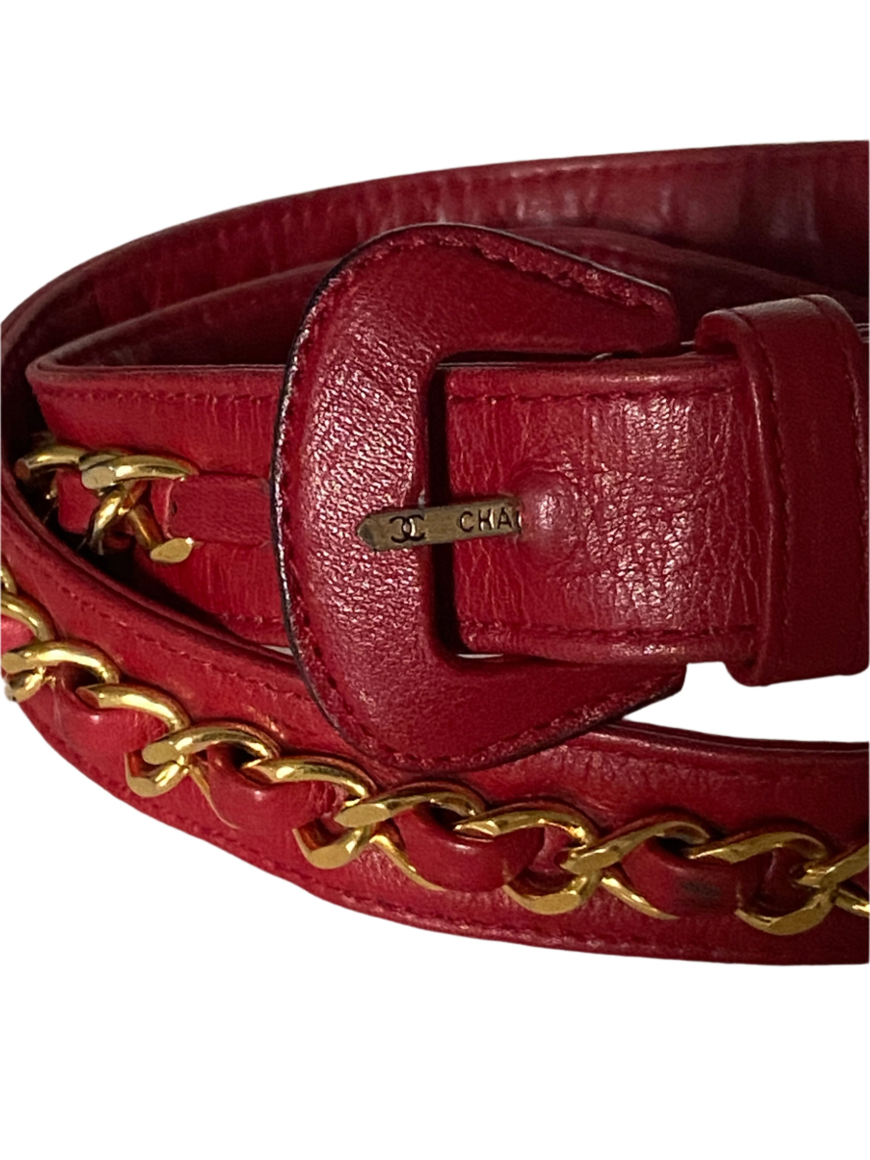 90s Chanel CC Logo Red Leather Chain Belt