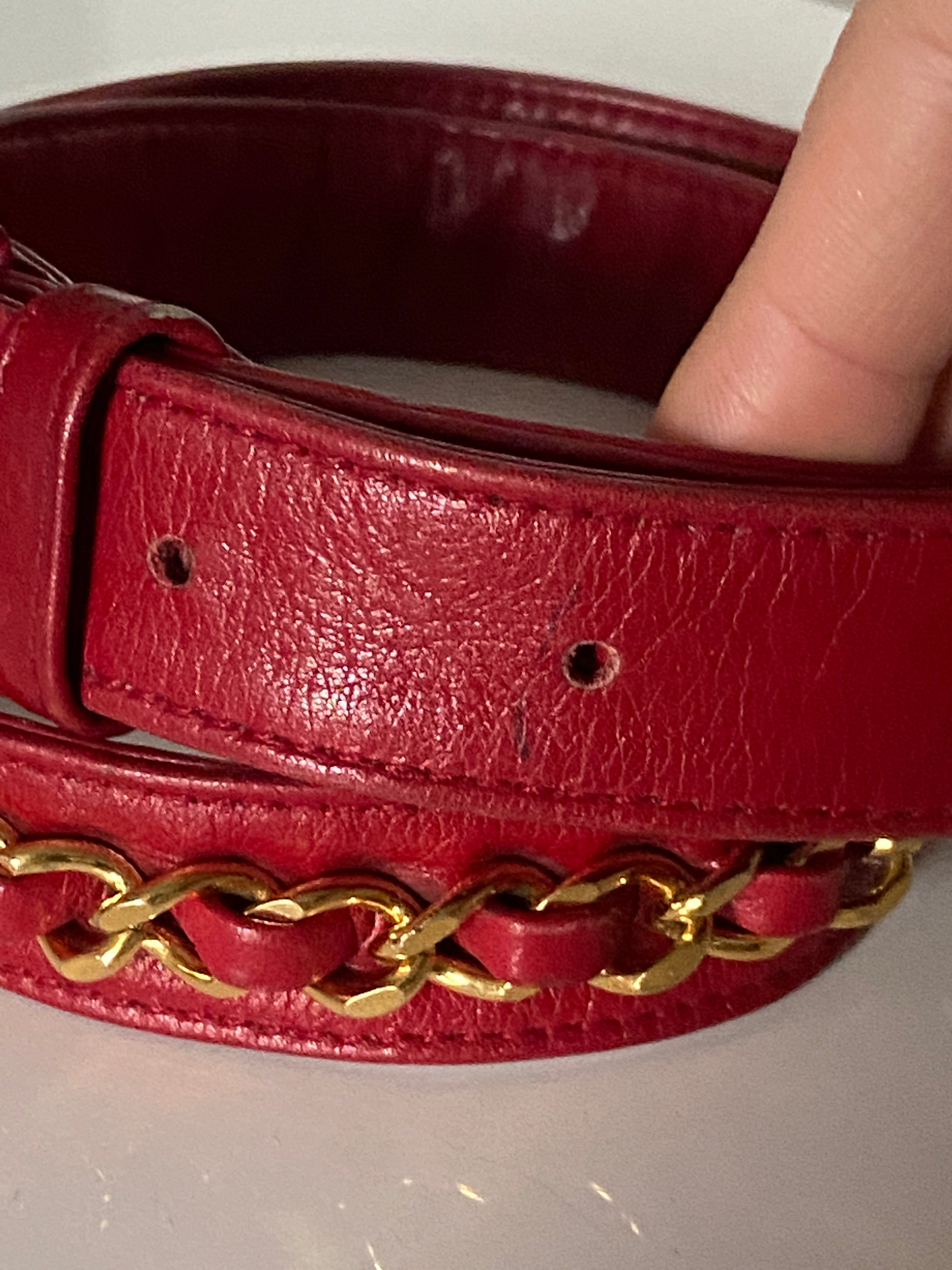 90s Chanel CC Logo Red Leather Chain Belt