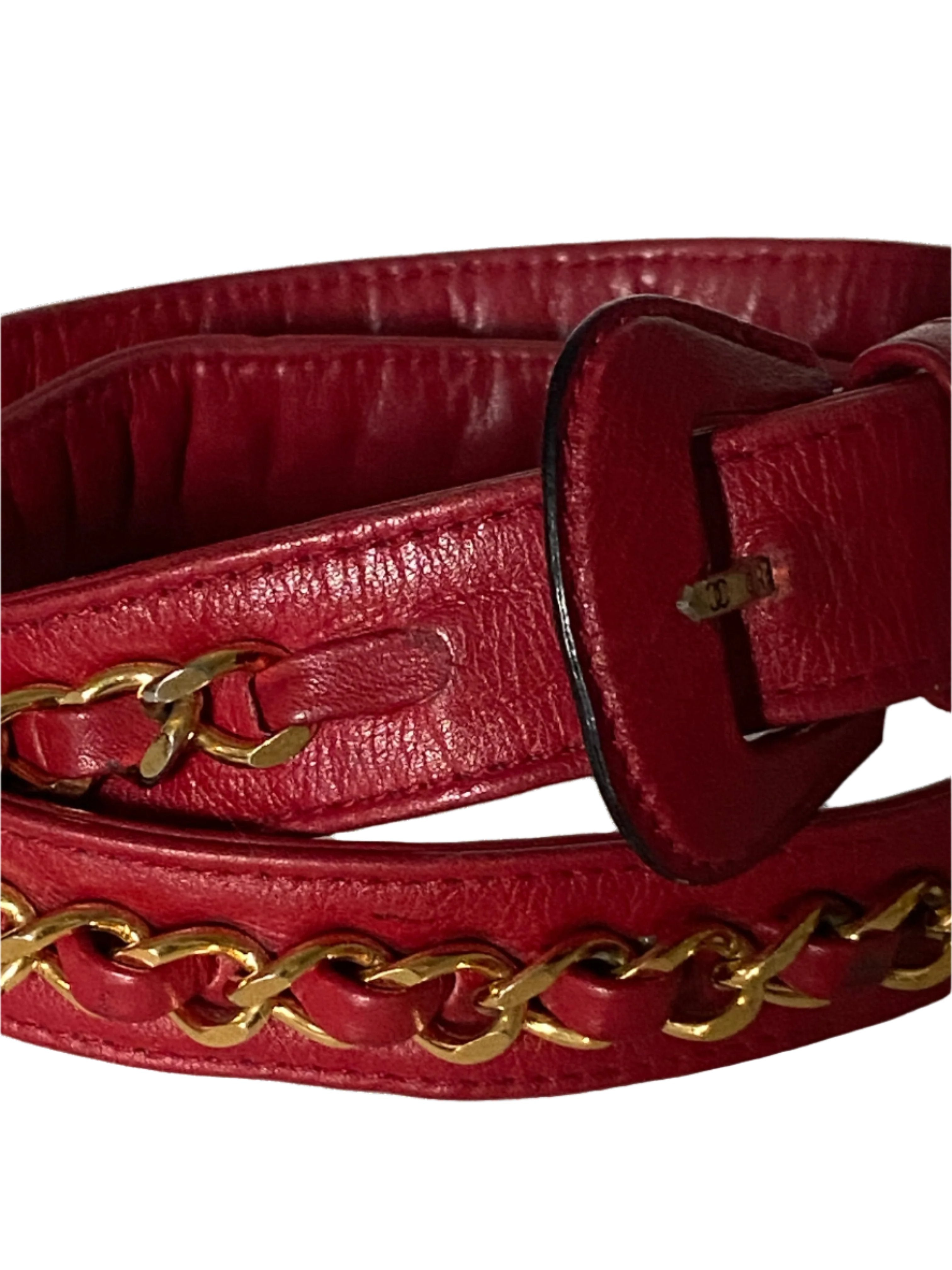 90s Chanel CC Logo Red Leather Chain Belt